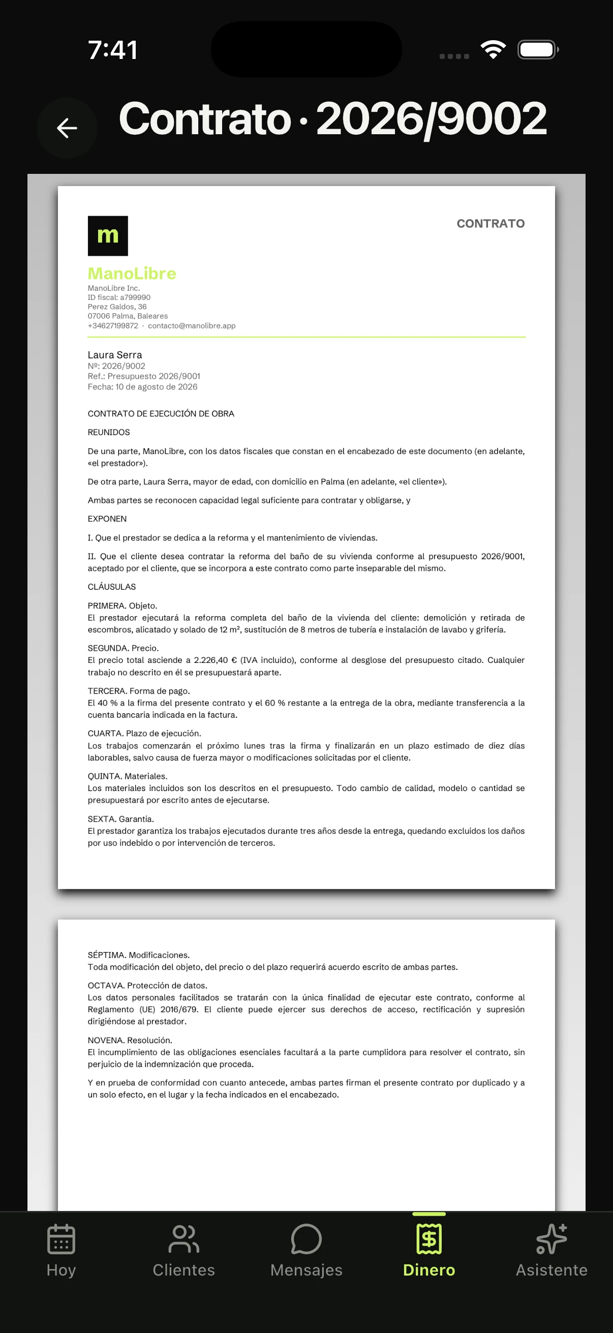 Captura de un contrato de Manolibre generado desde una plantilla de sector