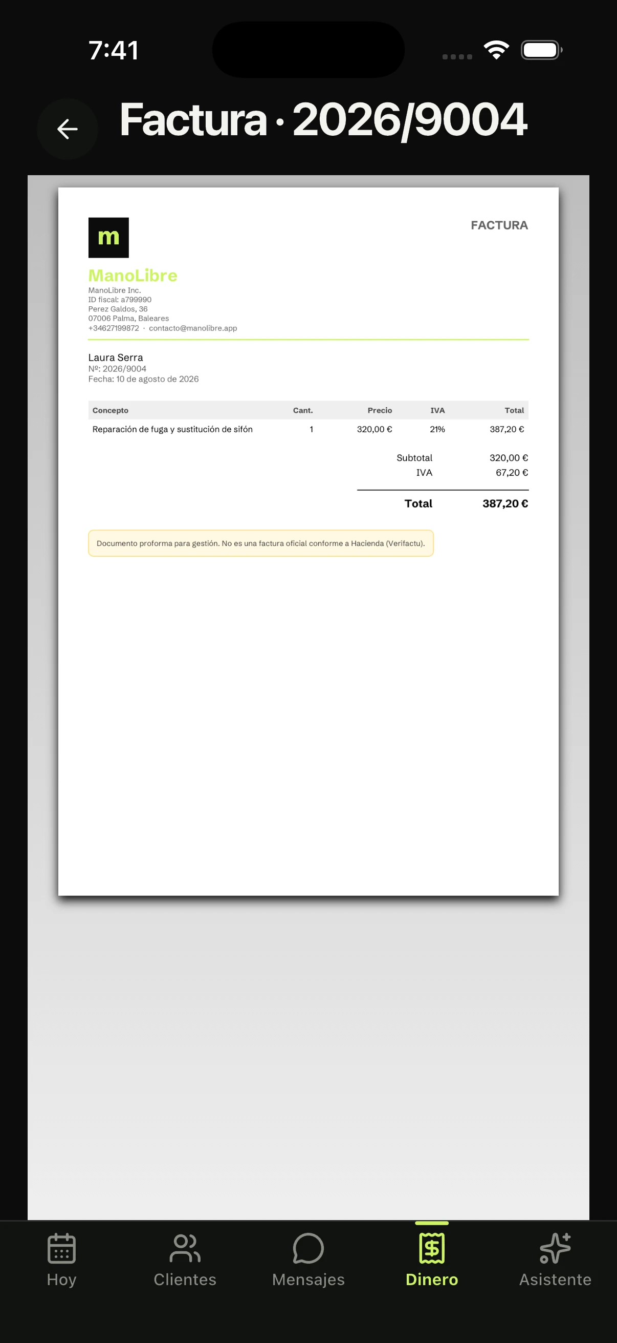 Captura de una factura proforma de Manolibre creada desde una nota de voz